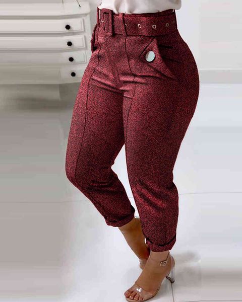 

spring autumn women's glitter belt designed pant femme pocket buttoned casual trousers lady skinny long office outfits 210415, Blue