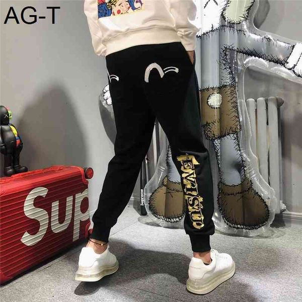 

hong kong fashion brand 20ssev fushen gold stamping embroidery printing letter casual leg guard pants, White;black