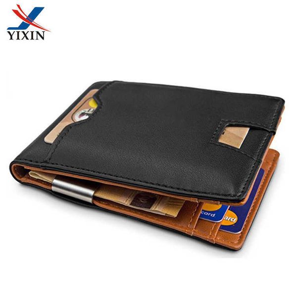 

men's leather rfid dollar clip multifunctional ultra-thin contrast color cow bag wallet, Black