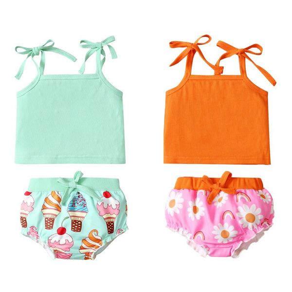 

clothing sets 0-18m cute infant girls summer toddler babys solid sleeveless ice cream floral print shorts outfits 2pcs, White