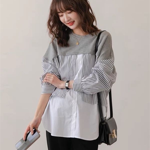 

2021 summer new round neck fake two striped shirt stitching loose casual sweater, Black