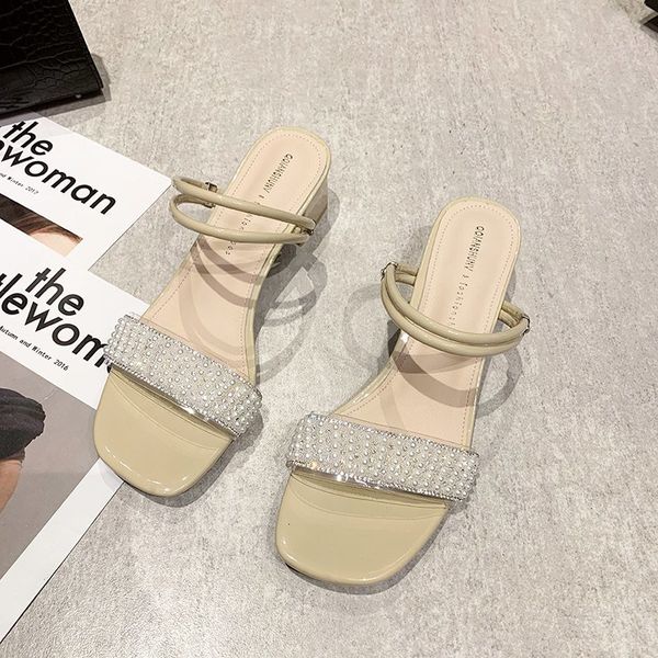 

sandals summer flock flip flops 2021 women chunky heels brand slides narrow band sandal elegant mule shoes slipper y61b, Black