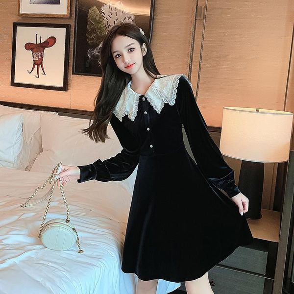

casual dresses coigarsam office lady patchwork women one-piece dress korean spring vintage full sleeve embroidery solid 6911, Black;gray