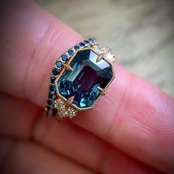 

cluster rings exquisite sea blue gems cocktail bridal wedding ring set engagement jewelry gold crystal gifts, Golden;silver