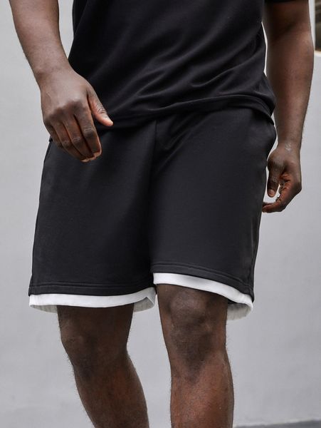 

extended sizes men drawstring waist 2 in 1 shorts j5la#, Black