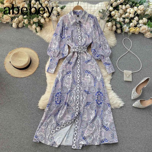 

women retro print long dress turndown-collar sleeve button sashes spring bohemian casual a-line 210512, Black;gray