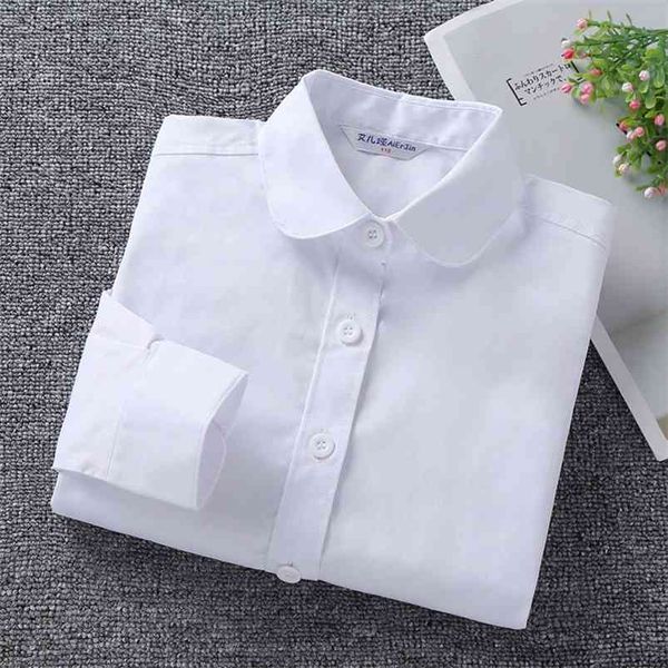 Camicia a maniche lunghe per bambini in cotone uniforme scolastica bianca per ragazzi adolescenti ragazza tinta unita risvoltata camicetta basic vestiti primaverili autunnali 210622