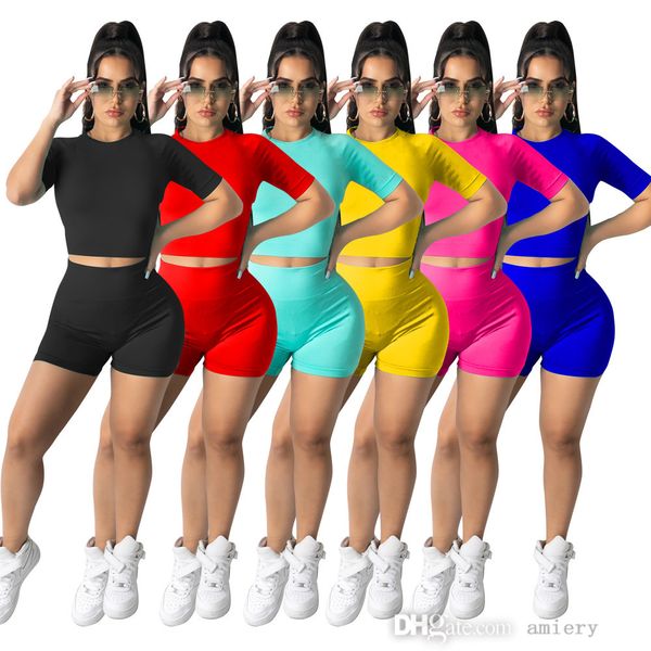 Шорты пробежки костюм тонкие сексуальные брюки спортивные две части набор летних нарядов плотно спортивная одежда сплошной цвет с короткими рукавами дизайнерские женские трексуиты
