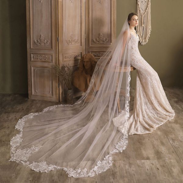 

v696 long cathedral trailing wedding veil soft tulle lace appliqued edge white bridal headdress with comb for bride, Black