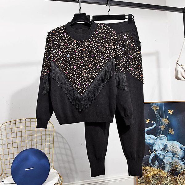 

women's two piece pants 2021 autumn tassel sweater set women fashion long sleeve knitted pullover +pants tracksuit winter, White