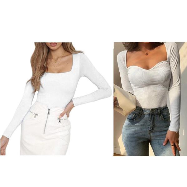 

women's t-shirt solid color slim square collar long sleeve white  & chest top