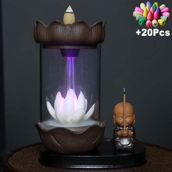 

color changing led light windproof waterfall incense burner zen peaceful monk lotus stick holder lucky home decoration fragrance lamps
