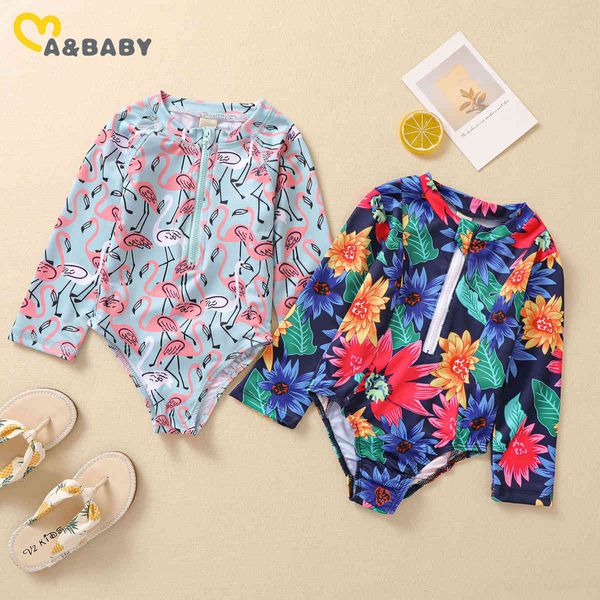 1-6Y Summer Toddler Kid Girls Costumi da bagno manica lunga Costume da bagno Cartoon Flamingo Flower Zipper Beachwear Costume da bagno 210515