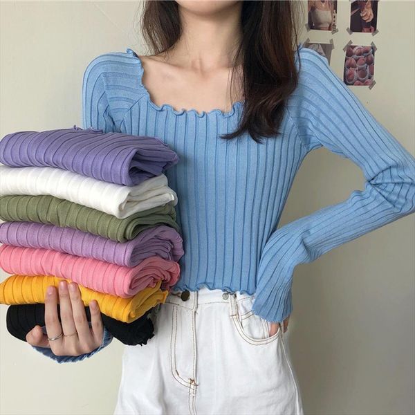 

spring women long sleeve knitted womens sweater korean lady square neck pullovers wdc031, White;black