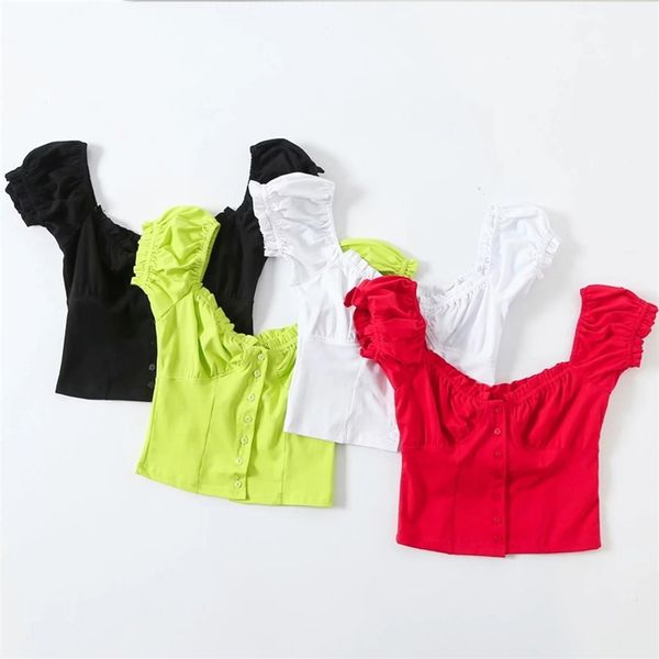 

crop vintage kawaii ruffle green white blouse casual puff sleeve shirts streetwear korean summer for women 210521