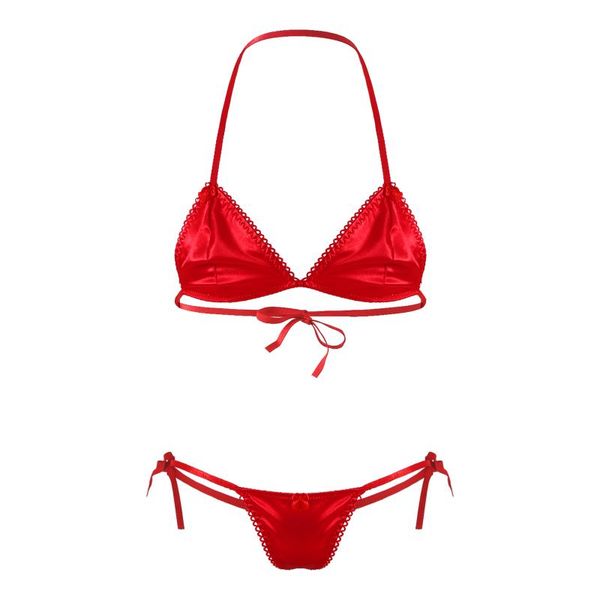 

bras sets mens lingerie sissy crossdresser set satin two-piece underwear lace-up halter unlined wireless bra with thong, Red;black