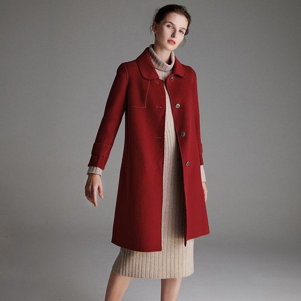 

women's wool & blends shzq red double-sided zero cashmere coat medium long in autumn and winter 2021 thick, Black