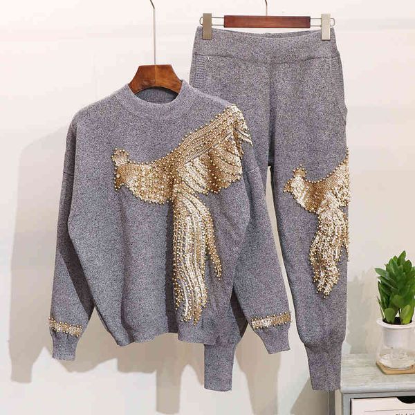 

women's tracksuits winter knitted tracksuit pearls phoenix sweater+ knit pants black gray women two piece set 2pcs sets 0d09