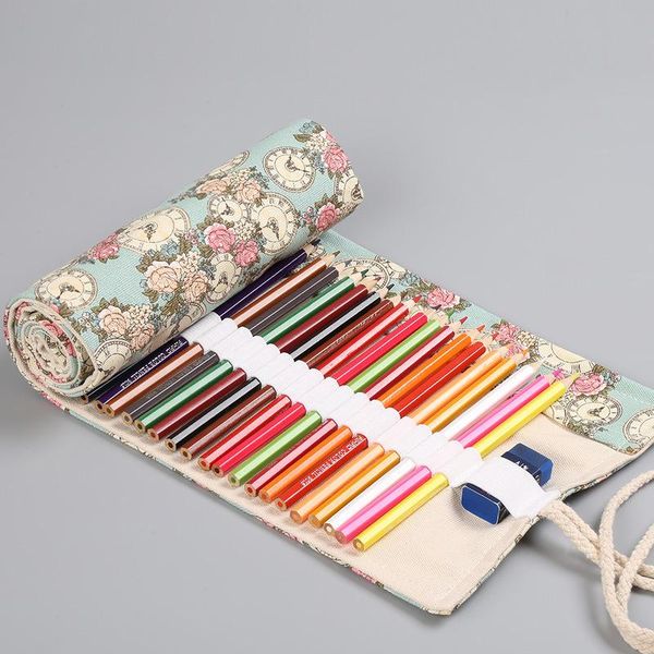 

pencil bags rose & clock roll up bag wrap 36/48/72 slot canvas storage pen pouch for brush marker stationery school supplies a6756