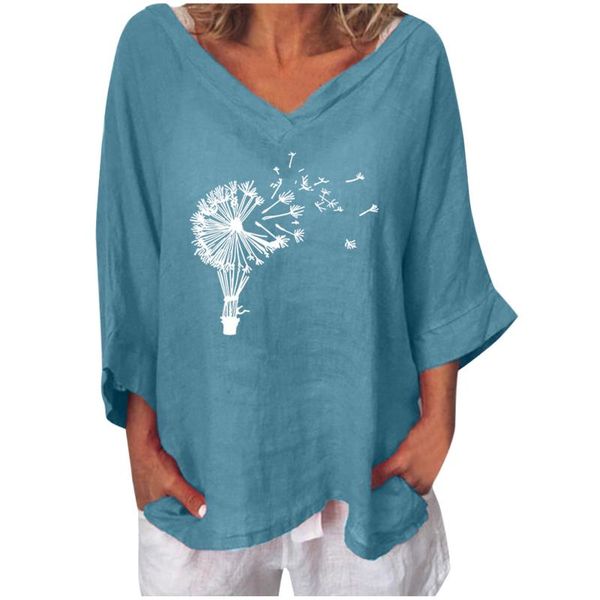 

women's blouses & shirts 40# dandelion printed blouse women vintage v neck long sleeve casual loose oversizedÂ shirts harajuku pullover, White