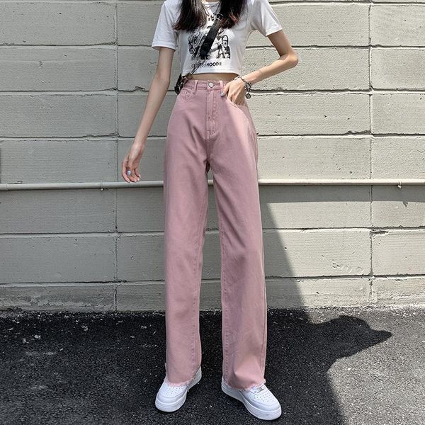 

women's jeans autumn high waist pink white straight 2021 fashion trousers street apparel solid color pants mopping the floor y2k, Blue
