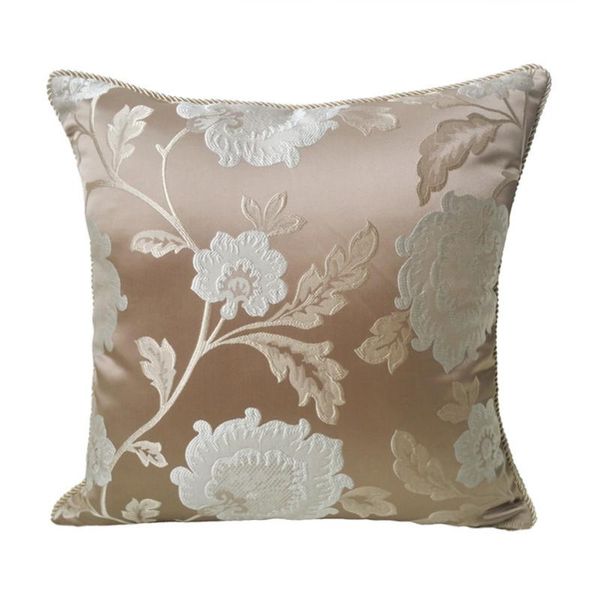 

light brown rope pipping big white flower jacquard woven sofa armchair cushion case home decorative square pillow cover 45x 45cm cushion/dec