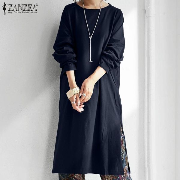 

women's blouses & shirts zanzea elegant side split chemise women casual full sleeve o neck blouse autumn vintage solid long female hol, White