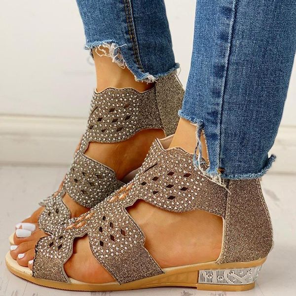 

sandals summer women wedge heels crystal peep toe 2021 ladies hollow out vintage beach party shoes zapatos d4, Black