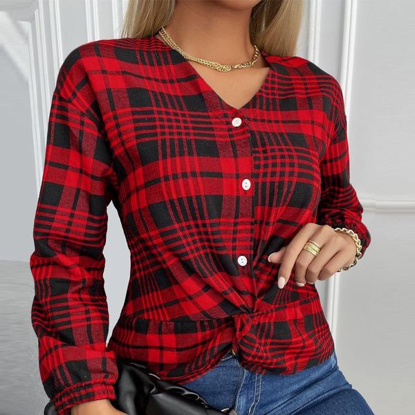 

women's blouses & shirts casual v neck twist button lady harajuku long sleeve blouse autumn vintage plaid printed women blusas stre, White