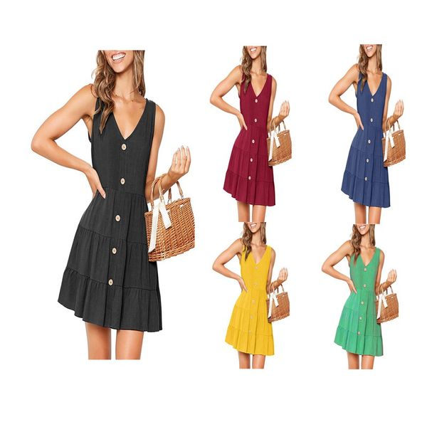 

2021 new fashion button sleeveless a-line dress summer women's dress, Black;gray
