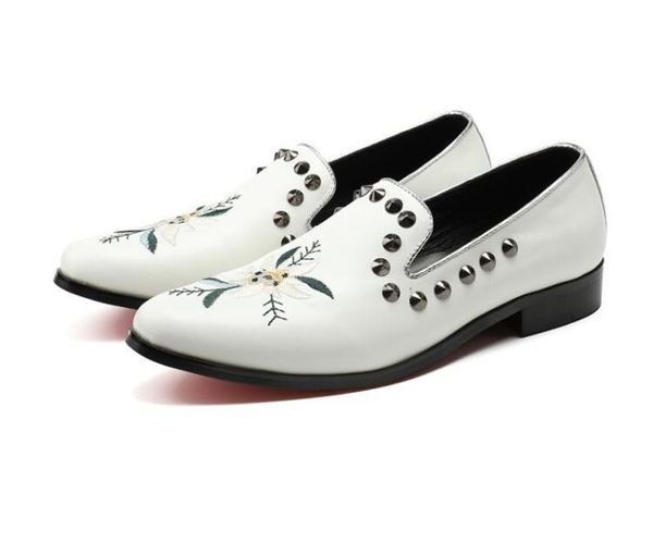 

dress shoes leather men genuine oxford rivets studded embroidery casual business white slip-on party office, Black