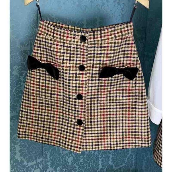 

skirts women winter 2021 autumn wool classical plaid a-line bowknot single breasted vintage short skirt sweet, Black
