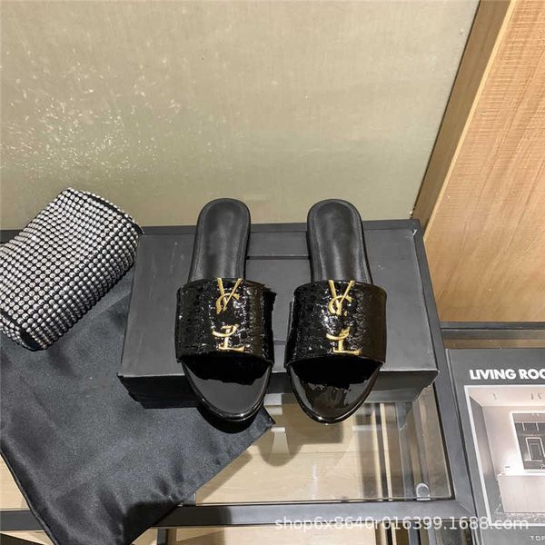 

2021 summer flat slipper's metal letter button open toe, Black