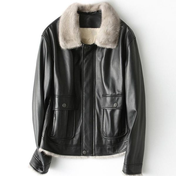 

women's leather & faux winter casual thick mink collar sheepskin jacket real coats women warm down short black pockets outwear