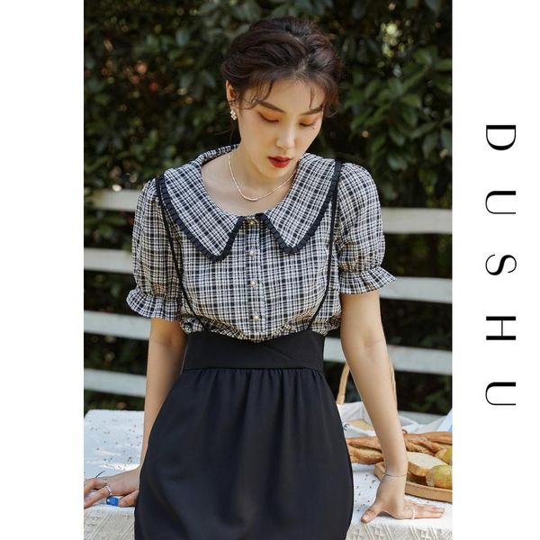 

women's blouses & shirts dushu plus size office lady french retro doll collar plaid black shirt 2021 summer puff sleeve for women, White