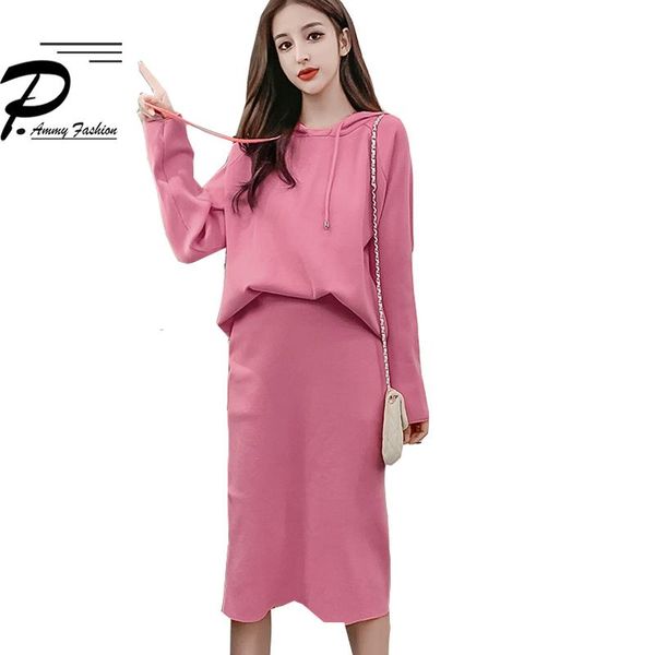 

two piece dress women plus size 2pcs set knit hooded long-sleeve sweater skirt suits sweet grid 2021 sweat suit, White