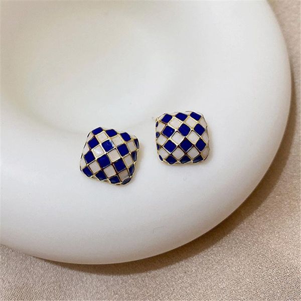

stud simple blue white oil dripping metal plaid square earrings smooth irregular geometric small studs for women jewelry, Golden;silver