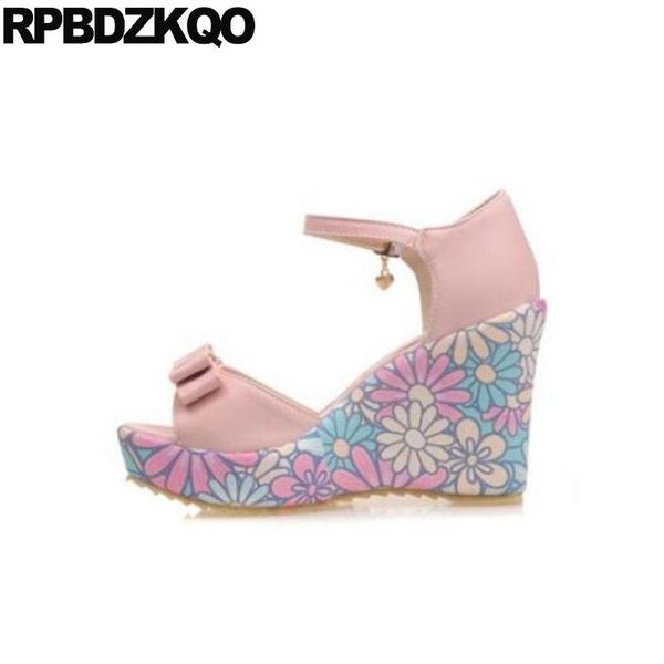 

dress shoes 11 43 super extreme  42 ankle strap flower printed high heels pink round toe big size wedge platform pumps women peep, Black