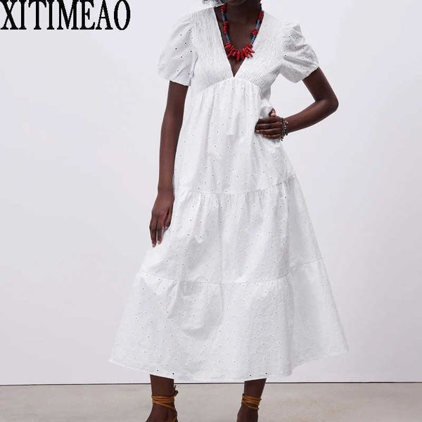 

za women white lace dress short sleeve deep v neck high waist slim a line skirt female holiday long xitimeao 210604, Black;gray
