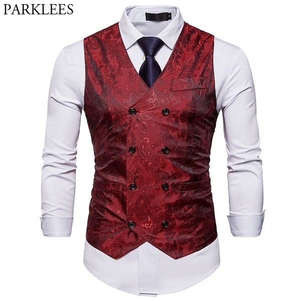 

men's red paisley double breasted dress vest brand slim fit formal business sleeveless waistcoat men chaleco hombre 2xl 210522, Black;white