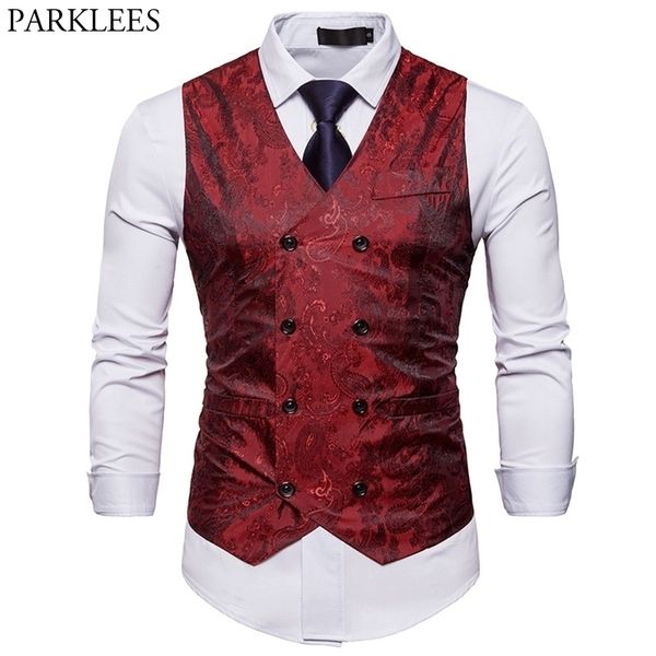 Vermelho Vermelho Paisley Duplo Vestido Vestido Vest Marca Slim Fit Negócios Formal Sem Mangas Mangas Masculinas Chaleco Hombre 2xL 210522