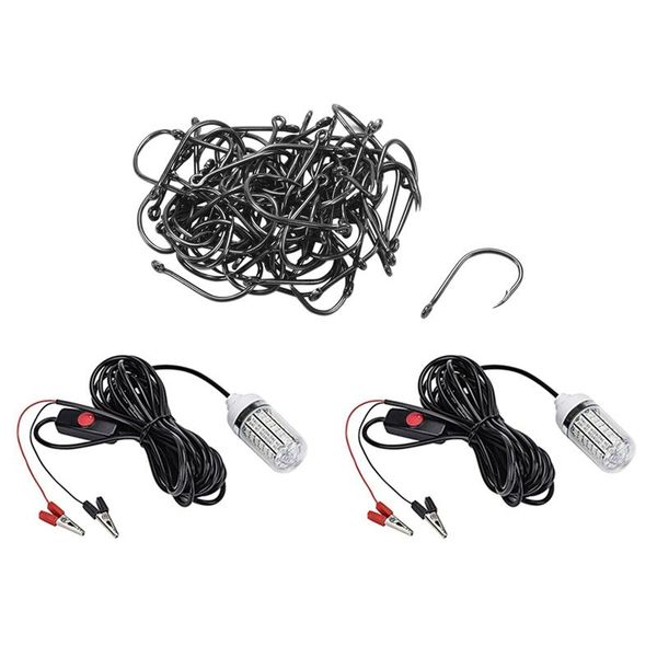 

fishing hooks 70 pcs carbon steel hook size 3-12 & 2pcs underwater light green 12v 15w deep