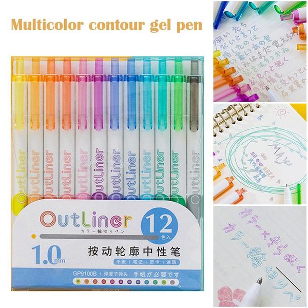

12pcs colored art pens pen clip contour marker gift card writing drawing coloring painting paper posters sketching markers decor highlighter, Black;red