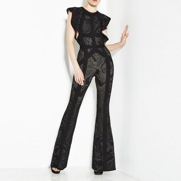 

women's jumpsuits & rompers dressbird est summer women bandage elegant black khaki boot cut club celebrity runway long jumpsuit, Black;white