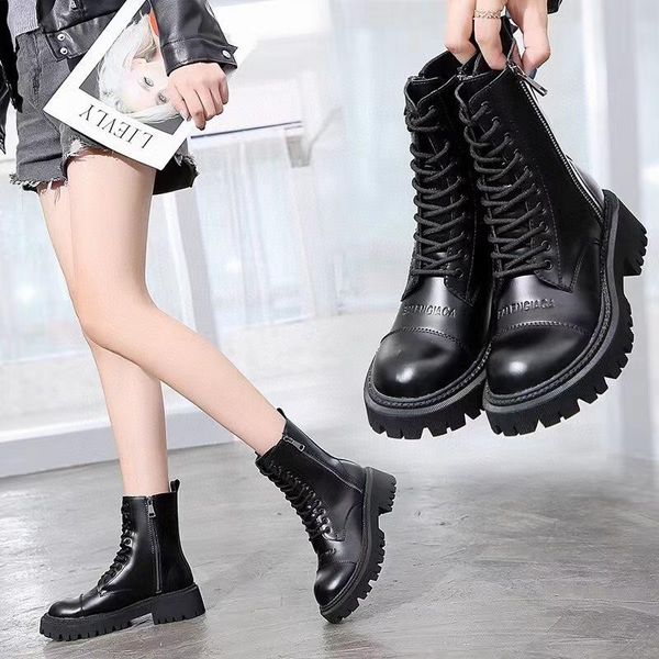 

boots knights' boots, women's leather fashion thick medium tube soled and, Black