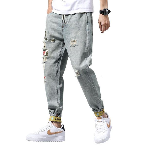 

light blue ripped jeans patch men's loose-fitting harem youth fashion lace-up elastic waist trendy pants