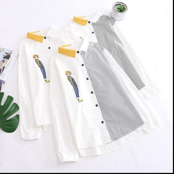 

h.sa women shirt blouse and long sleeve patchwork neck striped shirts button up casual street spring cute, White