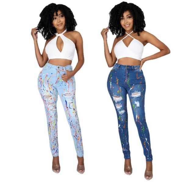

women's jeans summer long fashion color ripped holes ladies casual feet pants 2021 woman's pencil, Blue