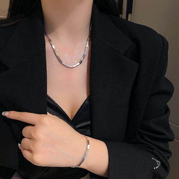 

chokers srcoi cool geometric square tube snake chain necklace titanium steel rectangle bar cube stacked long women trendy, Golden;silver