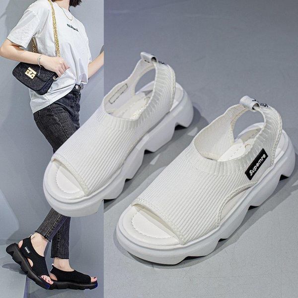 

sandals breathable stretch fabric knitted women platform shoes cut out elevated sandalias slip on elastic band sport sandales, Black